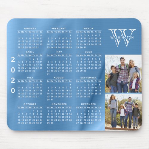 Blue Monogrammed 2 Photo Family 2020 Calendar Mouse Pad