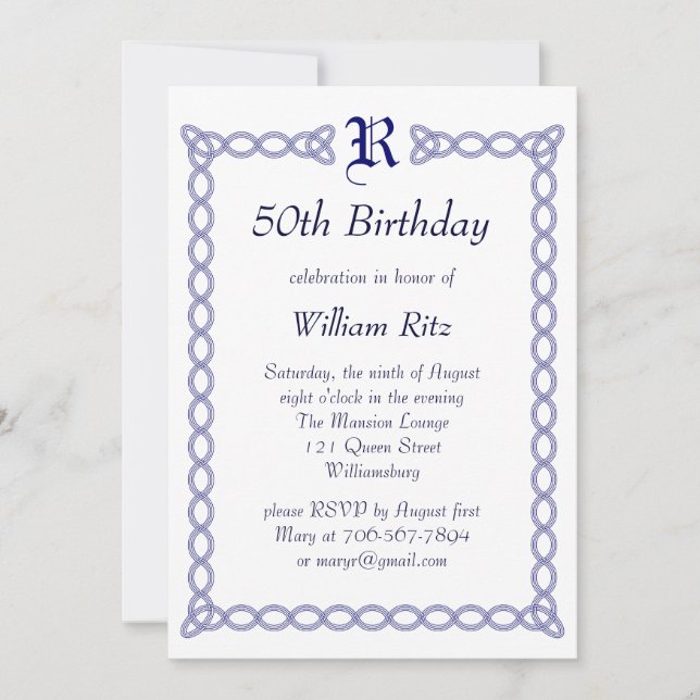 Blue Monogrammed Birthday Invitation (Front)