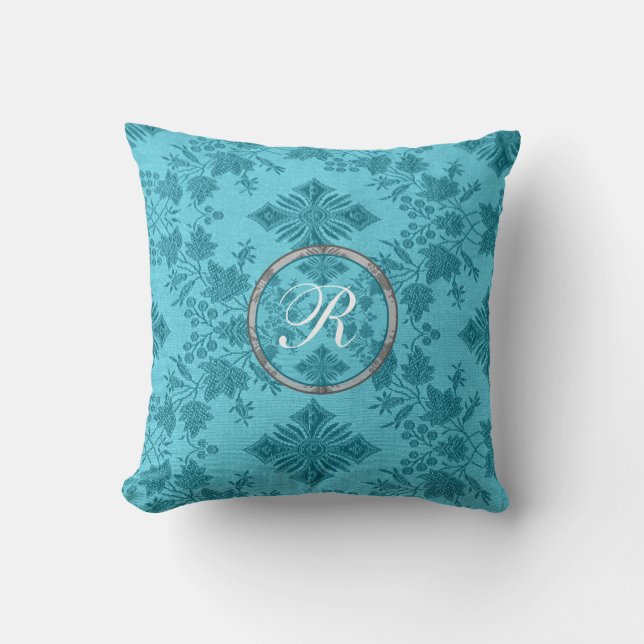 Blue Monogrammed Designer Throw Pillow (Front)