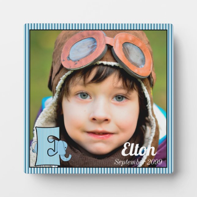 Blue Monogrammed E Elephant Baby Photo Plaque (Front)