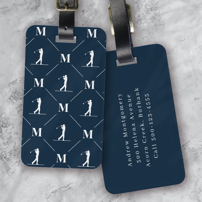 Blue Monogrammed Golfer Pattern Luggage Tag (Creator Uploaded)