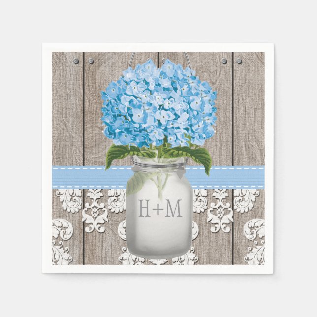 Blue Monogrammed Hydrangea Mason Jar Napkins (Front)