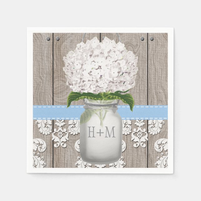 Blue Monogrammed Hydrangea Mason Jar Napkins (Front)