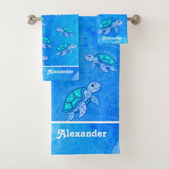 Blue Monogrammed Name under the sea Turtle  Bath Towel Set (Insitu)