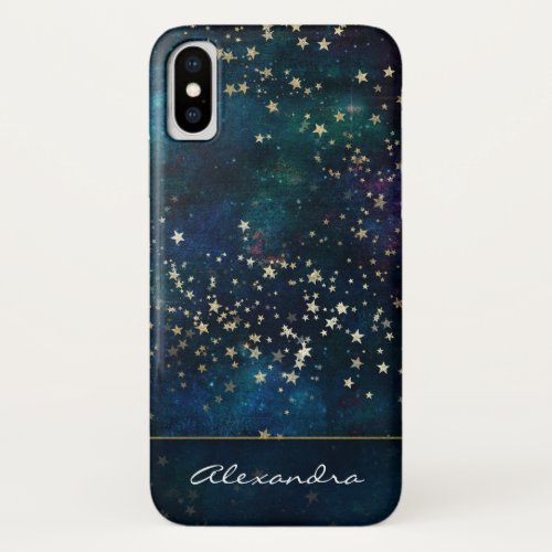 Blue Monogrammed Night Sky with Gold Foil Stars iPhone X Case