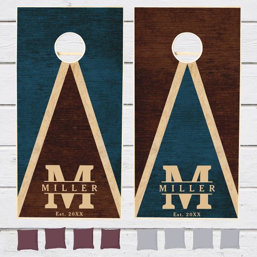 Blue Monogrammed Rustic Wood Boards Family Father Cornhole Set