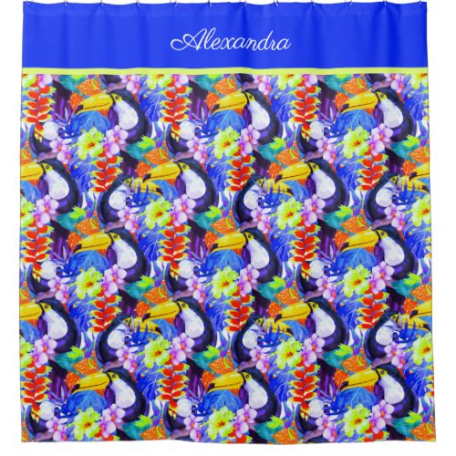 Blue Monogrammed Toucan bird tropical flowers Shower Curtain