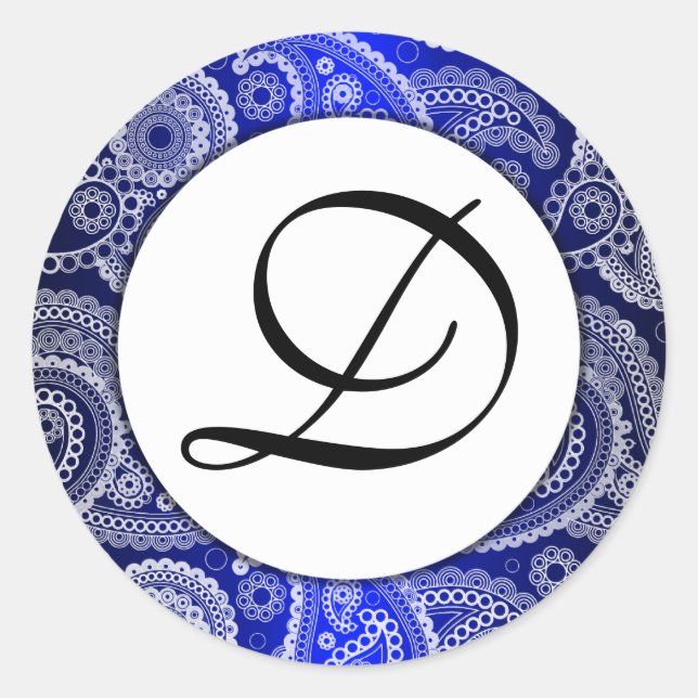 Blue Monogrammed White Lace Paisley Stickers (Front)