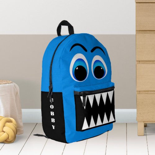 Blue Monster Big Eyes and Scary Teeth Personalised Printed Backpack