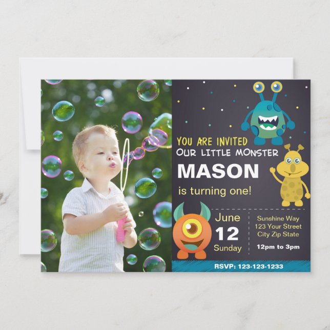 Blue Monster Birthday Invitation with Photo (Front)