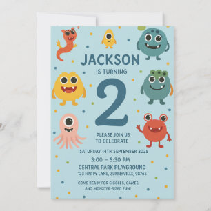 Blue Monster Boys 2nd Birthday Invitation Fun Kids