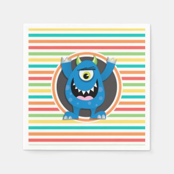 Blue Monster; Bright Rainbow Stripes Paper Napkins by doozydoodles at Zazzle