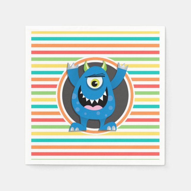Blue Monster; Bright Rainbow Stripes Paper Napkins (Front)