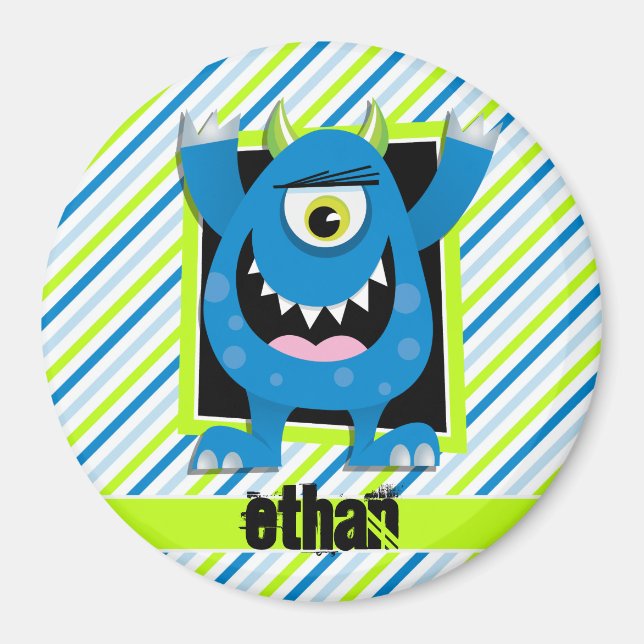 Blue Monster;  Neon Green, White Stripes Magnet (Front)