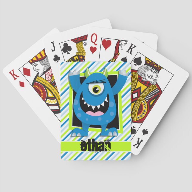Blue Monster;  Neon Green, White Stripes Poker Cards (Back)