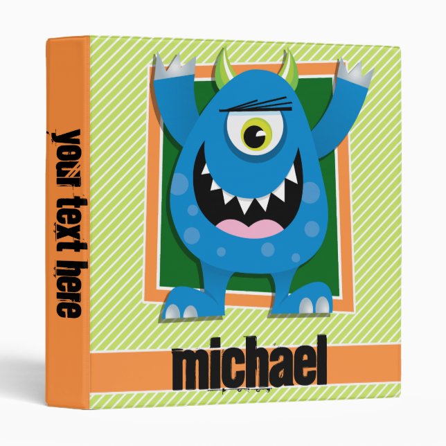 Blue Monster on Lime Green & White Stripes 3 Ring Binder (Front/Spine)