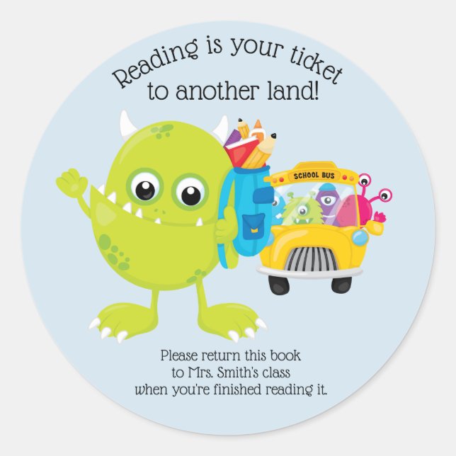Blue Monster Schoolbus Classroom Teacher Book Classic Round Sticker (Front)