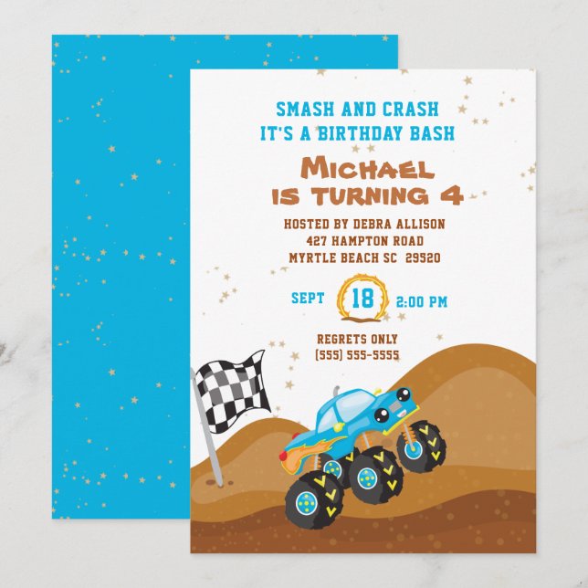 Blue Monster Truck 4th  Birthday Racing Invitation (Front/Back)