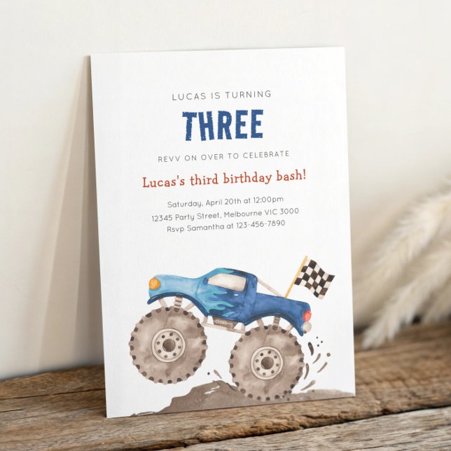 Blue Monster Truck Any Age Birthday Invitation (Creator Uploaded)
