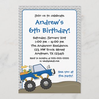 Blue Monster Truck Birthday Invitations by WhimsicalPrintStudio at Zazzle