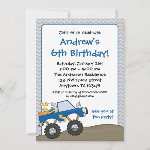 Blue Monster Truck Birthday Invitations