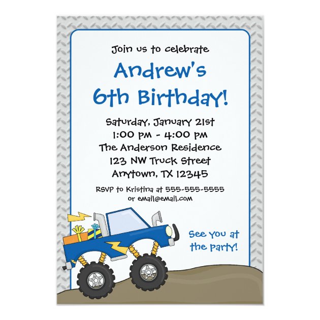 Blue Monster Truck Birthday Invitations