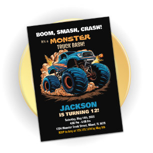 Blue Monster Truck Birthday Invitations Black
