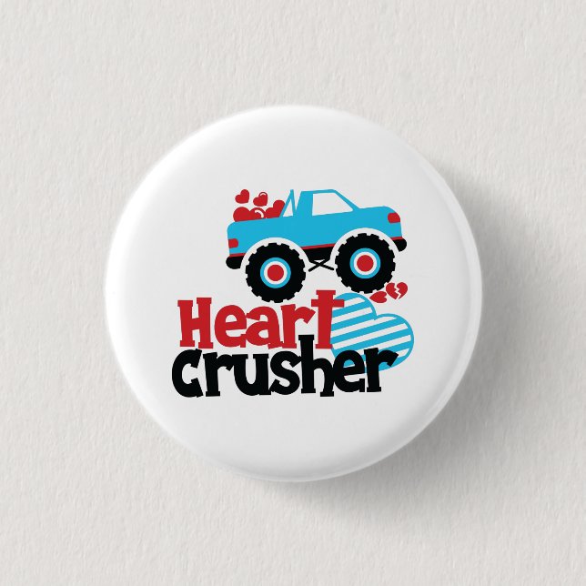 Blue Monster Truck Heart Crusher Valentine Button (Front)