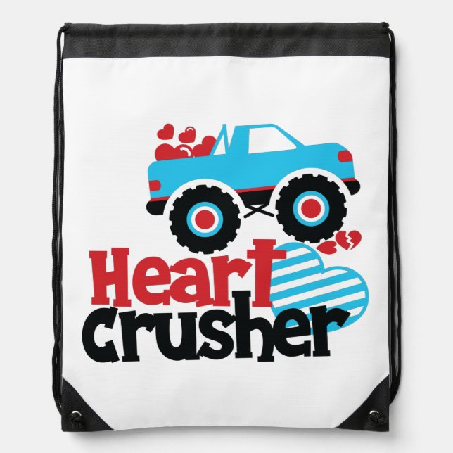 Blue Monster Truck Heart Crusher Valentine Drawstring Bag (Front)