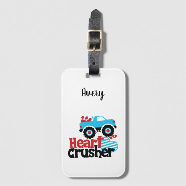 Blue Monster Truck Heart Crusher Valentine Luggage Tag (Front Vertical)
