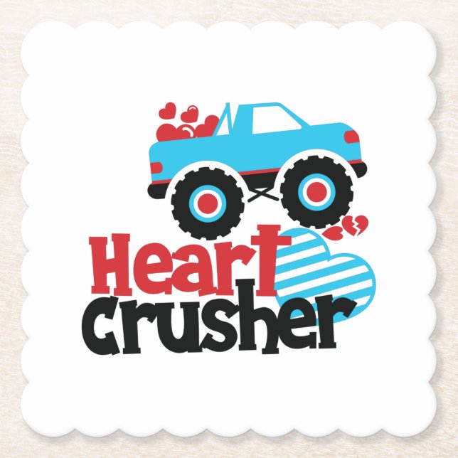Blue Monster Truck Heart Crusher Valentine Paper Coaster (Front)