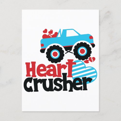 Blue Monster Truck Heart Crusher Valentine Postcard