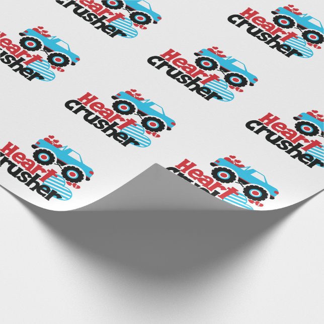 Blue Monster Truck Heart Crusher Valentine Wrapping Paper (Corner)