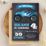Blue Monster Truck Kids Birthday Party Invitation<br><div class="desc">Amaze your guests with this cool birthday party invite featuring a beautiful monster truck with modern typography against a chalkboard background. Simply add your event details on this easy-to-use template to make it a one-of-a-kind invitation. Flip the card over to reveal an elegant stripes pattern on the back of the...</div>