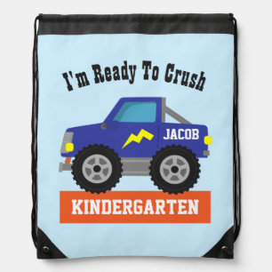 Blue Monster Truck Ready To Crush Kindergarten Drawstring Bag