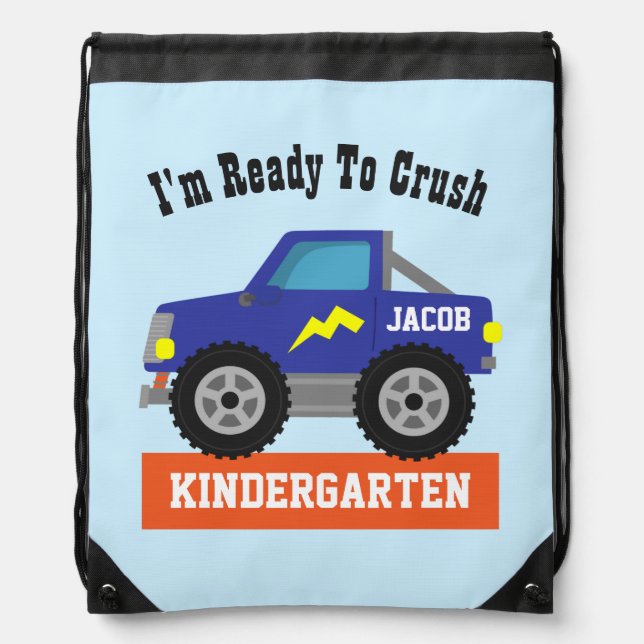 Blue Monster Truck Ready To Crush Kindergarten Drawstring Bag (Front)