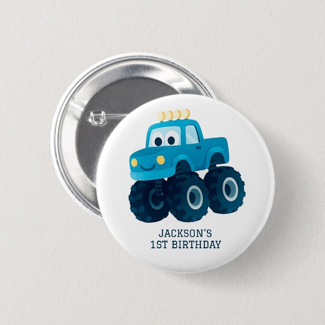 Blue Monster Truck Smash and Crash Birthday  Button (Front & Back)