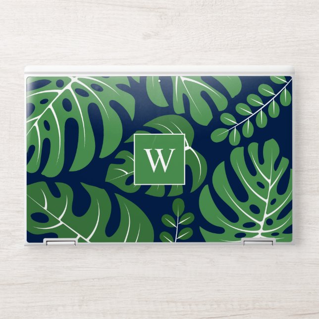 Blue Monstera Leaves Monogram HP Laptop Skin (Front)