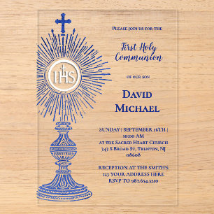 blue monstrance design   First Holy Communion Acrylic Invitations