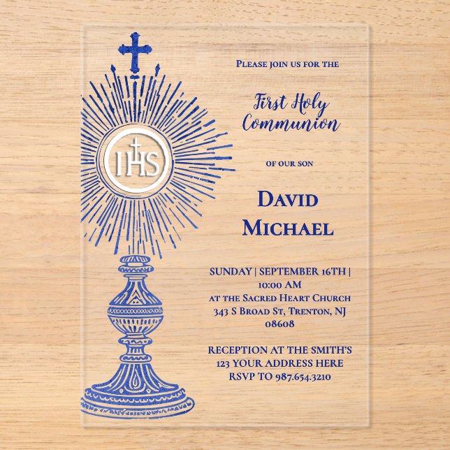 blue monstrance design | First Holy Communion Acrylic Invitations (Front)