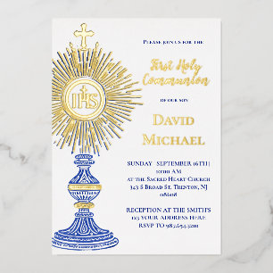 blue monstrance design First Holy Communion Foil Invitation