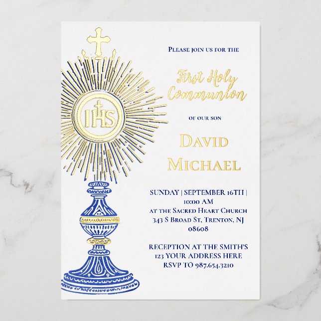 blue monstrance design | First Holy Communion Foil Invitation (Front)