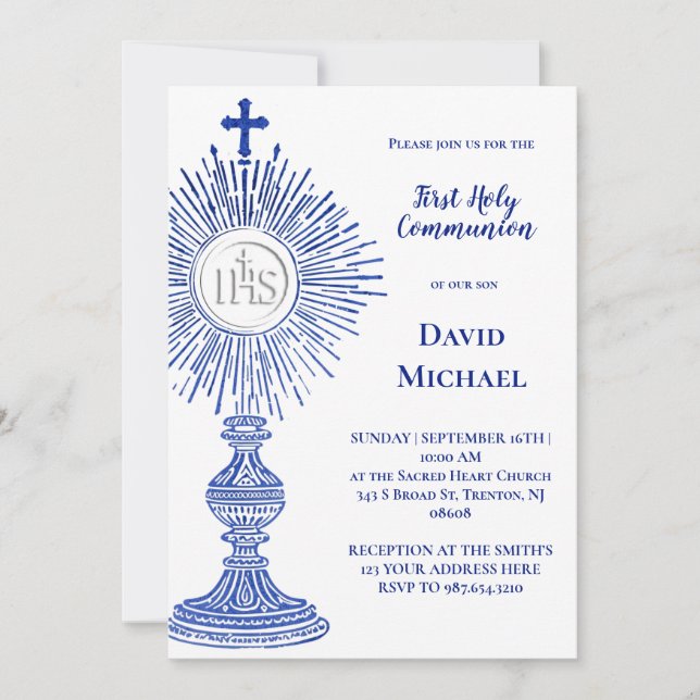 blue monstrance design | First Holy Communion Invitation (Front)