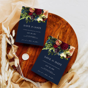 Blue Moody Floral Burgundy Wedding Save the Date Invitation