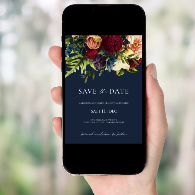 Blue Moody Floral Burgundy Wedding Save the Date Invitation (Front Digital)