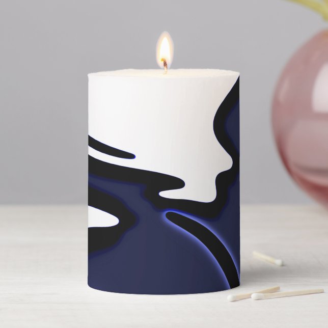 Blue Moon: Abstract Blue, White & Black Pillar Candle (In Situ)