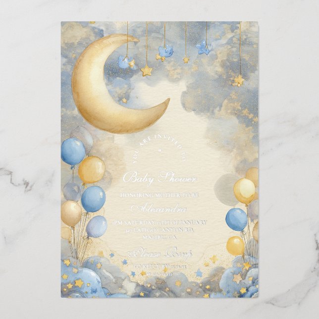 Blue Moon and Stars Baby Shower Foil Invitation (Front)