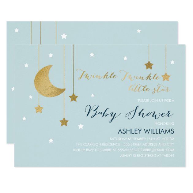 Blue Moon And Stars Baby Shower Invitation