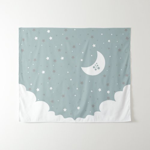 Blue Moon and Stars Night Sky Tapestry