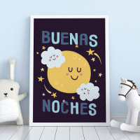 Blue Moon and Stars Nursery Art in Spanish Poster